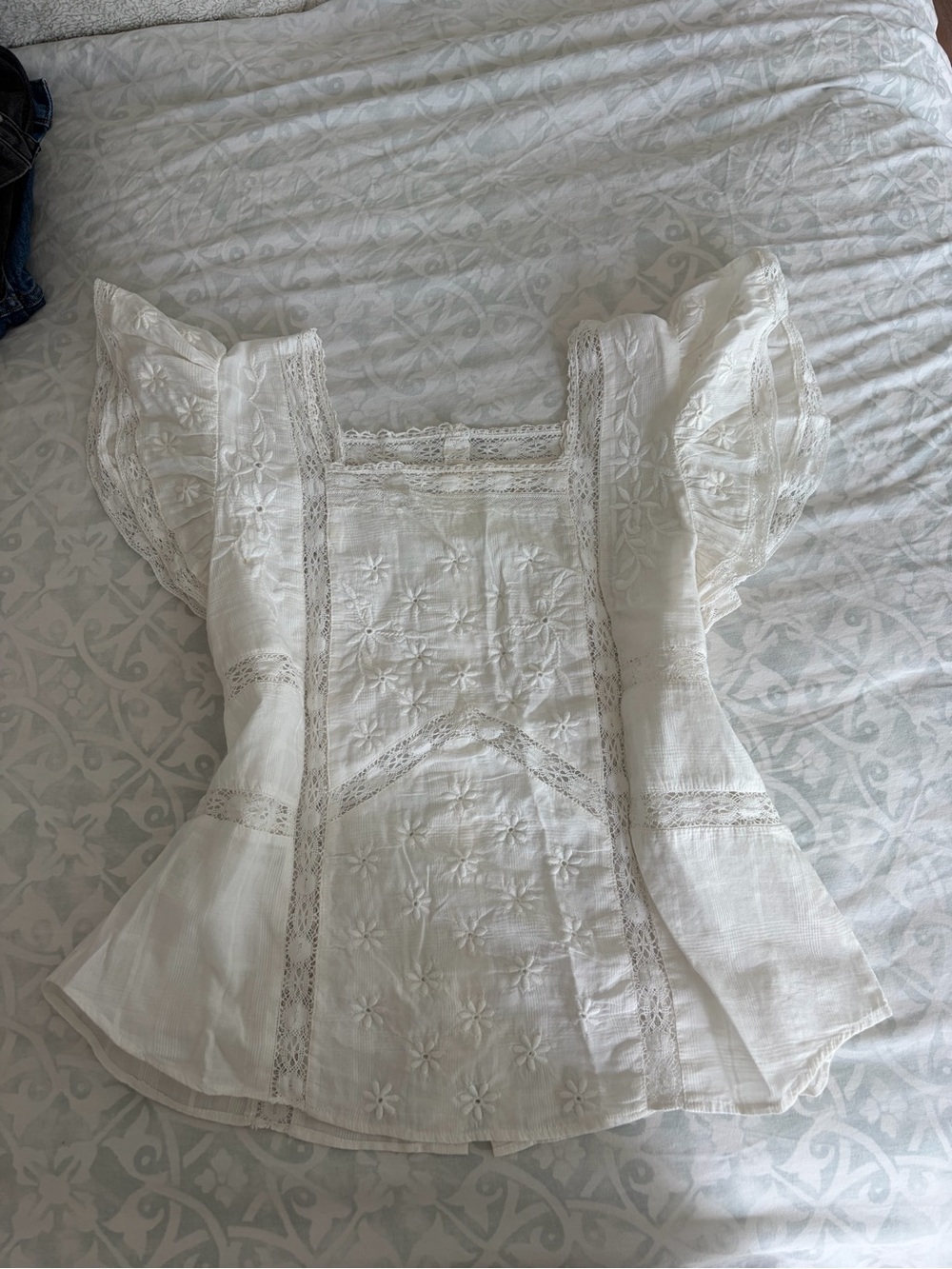 LoveShackFancy White Floral Eyelet Puff Sleeve Blouse